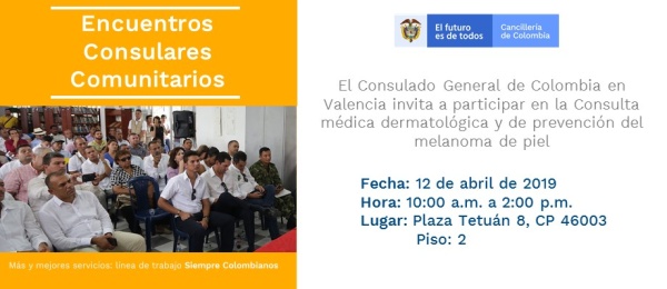 En el Consulado de Colombia en Valencia, España se realizarán Consultas médicas dermatológicas y de prevención del melanoma, este 12 de abril de 2019