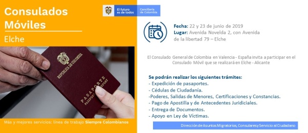 Jornada móvil en Elche, el 22 y 23 de junio, organizada por el Consulado de Colombia 