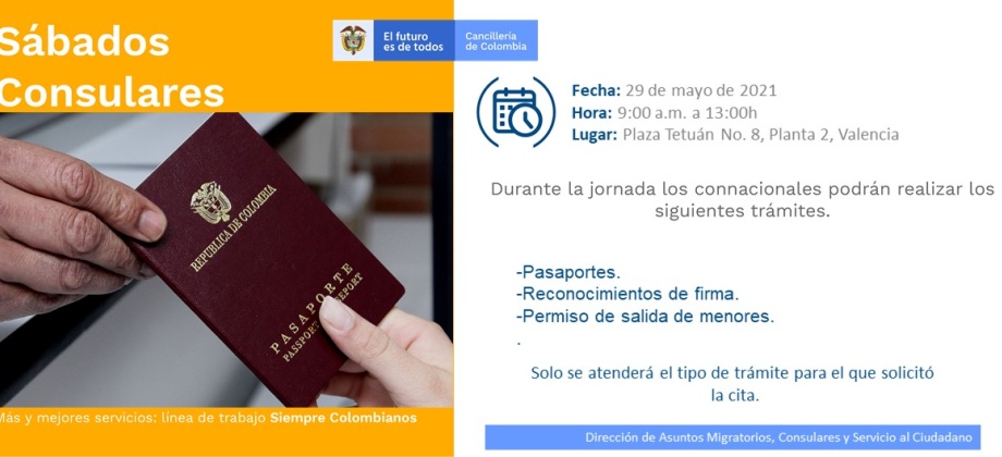 El Consulado de Colombia en Valencia invita al Sábado Consular del 29 de mayo 